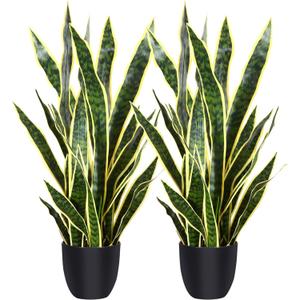 CROSOFMI Artificial Snake Plant 35 Inch Fake Sansevieria Tree with 32 Leaves Perfect Faux Mother in Law Plants in Pot for Indoor House Home Office Garden Modern Decoration Housewarming Gift,2Pack (Black Pot)