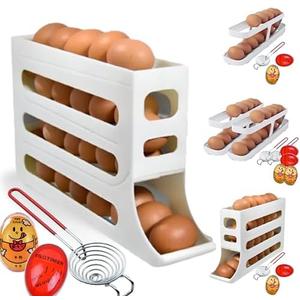 Pack of 2 Volue 4 Pieces 1 Set Space Saving 28 Eggs Egg Holder For Fridge Auto Rolling – with Rolling Egg Holder with Separator & Egg Timer | Includes Holder & Timer & Separator All in One Set (4 Tier, 1 Count) 