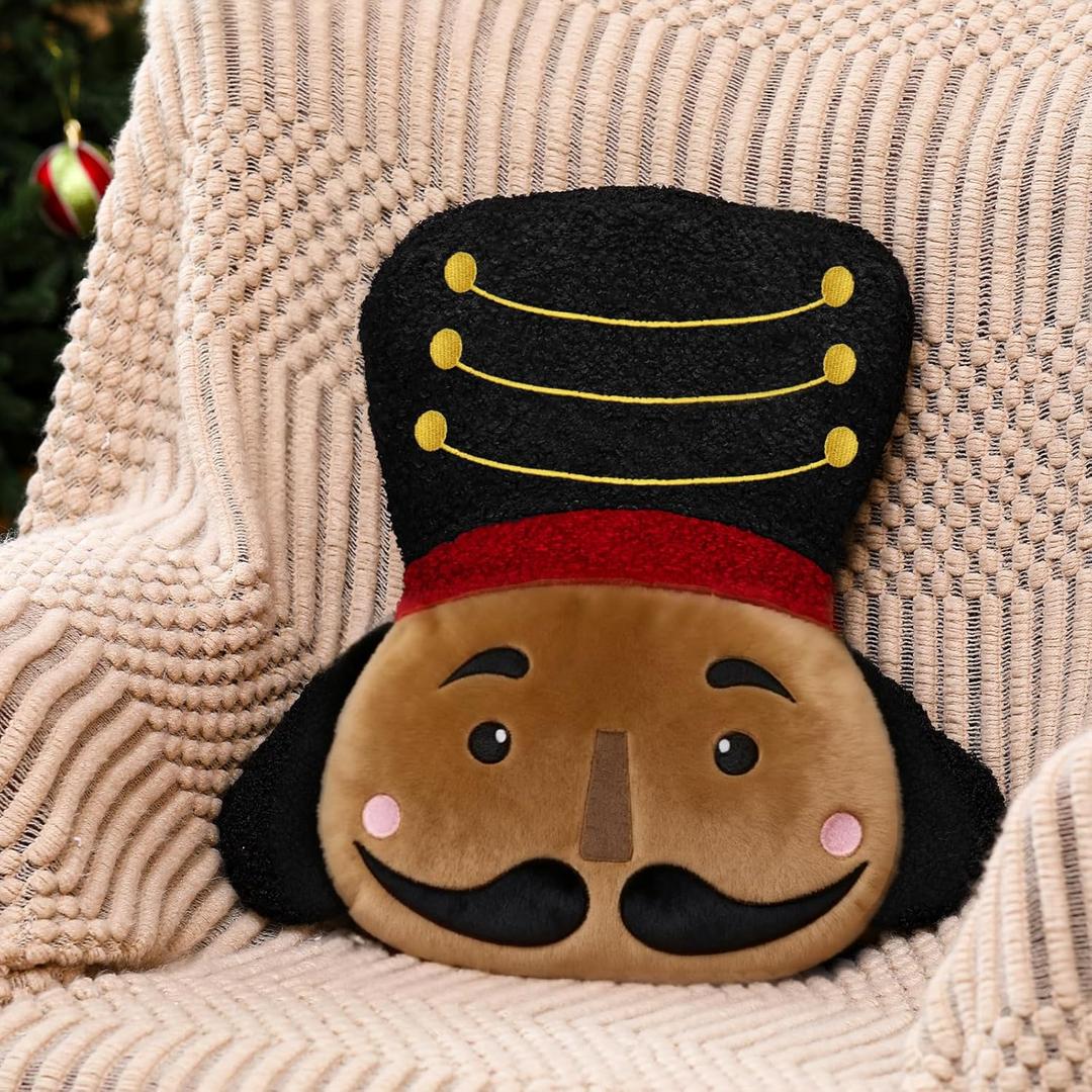 Nutcracker Christmas Throw Pillow Christmas Nutcracker Shaped Decoration Decorative Cushion 14.5‘' x 13‘' Faux Rabbit Fur Embroidered Pillow Xmas Gift for Home Sofa Chair Bed(African American)