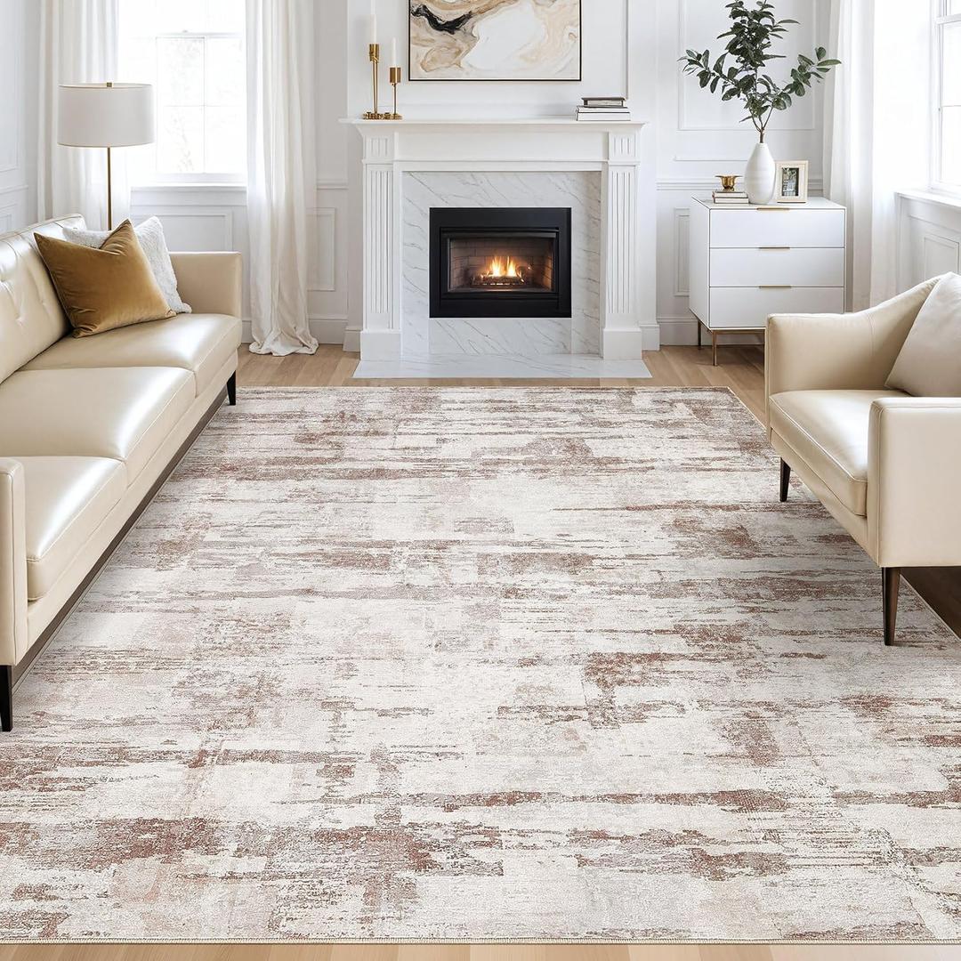kakania 9x12 Washable Area Rug - Abstract Soft Non-Slip Modern Low-Pile Carpet for Living Room Bedroom Office Dorm, Kid Pet Safe Robot Vacuum Friendly - Light Brown