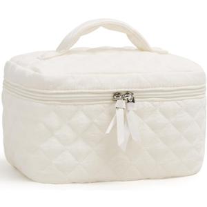 Prite Cotton Makeup Bag Quilted Makeup Bag Large Floral Cosmetic Bag for Women Cute Travel Toiletry Bag with Handle(Beige)