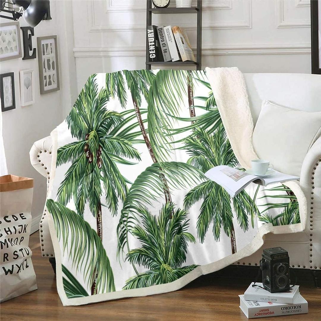 Tropical Soft Cozy Fleece Blankets Hawaii Beach Theme Fleece Flannel Throws Ocean Surfing Palm Tree Printed Throw Blankets Green Plants Nature for Sofa Bed Couch 60x80 Inches (Multi 14)