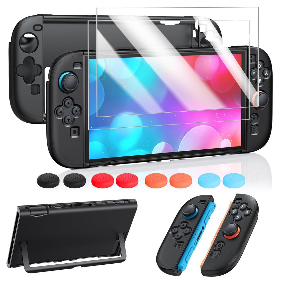 FYOUNG Protective Case for Nintendo Switch 2 2025, Slim Hard Shell for Switch 2 Accessories, Scratch&Shock Protection Cover with Screen Protector, 8 Thumb Grip(Solid Black, Switch 2 7.9inch)