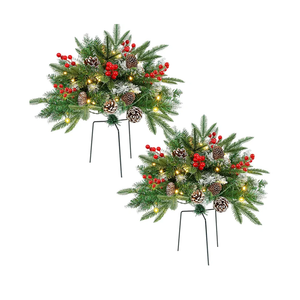 Set of 2 Christmas Tree Urn Filler, Lighted Artificial Xmas Pine Trees with Tripod Stake, Battery Powered Outdoor Christmas Trees for Porch, Driveway, Yard (14 Pine Cones)