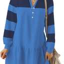 kipfall Women's Casual Dresses Long Sleeve Button V Neck Sweatshirt Dress Lapel Collared Pullover Dress (Blue, M)