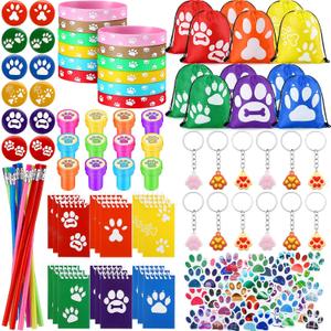 140 Pcs Dog Party Favors Dog Paw Print Party Supplies Include Stickers Mini Notebooks Pencils Badges Keychains Silicone Bracelets Stamps and Drawstring Bags Puppy Party Decorations for Kids Girl Gift