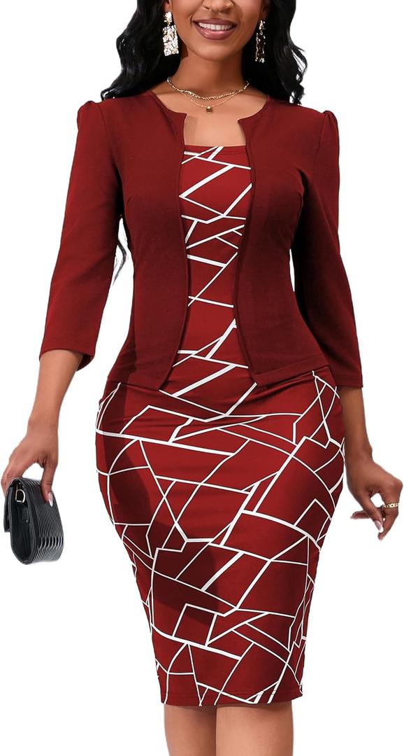 Yajedo Women's Reto Bodycon Midi Dresses 3/4 Sleeve Church Wear to Work Business Pencil Dress (Medium, Red)