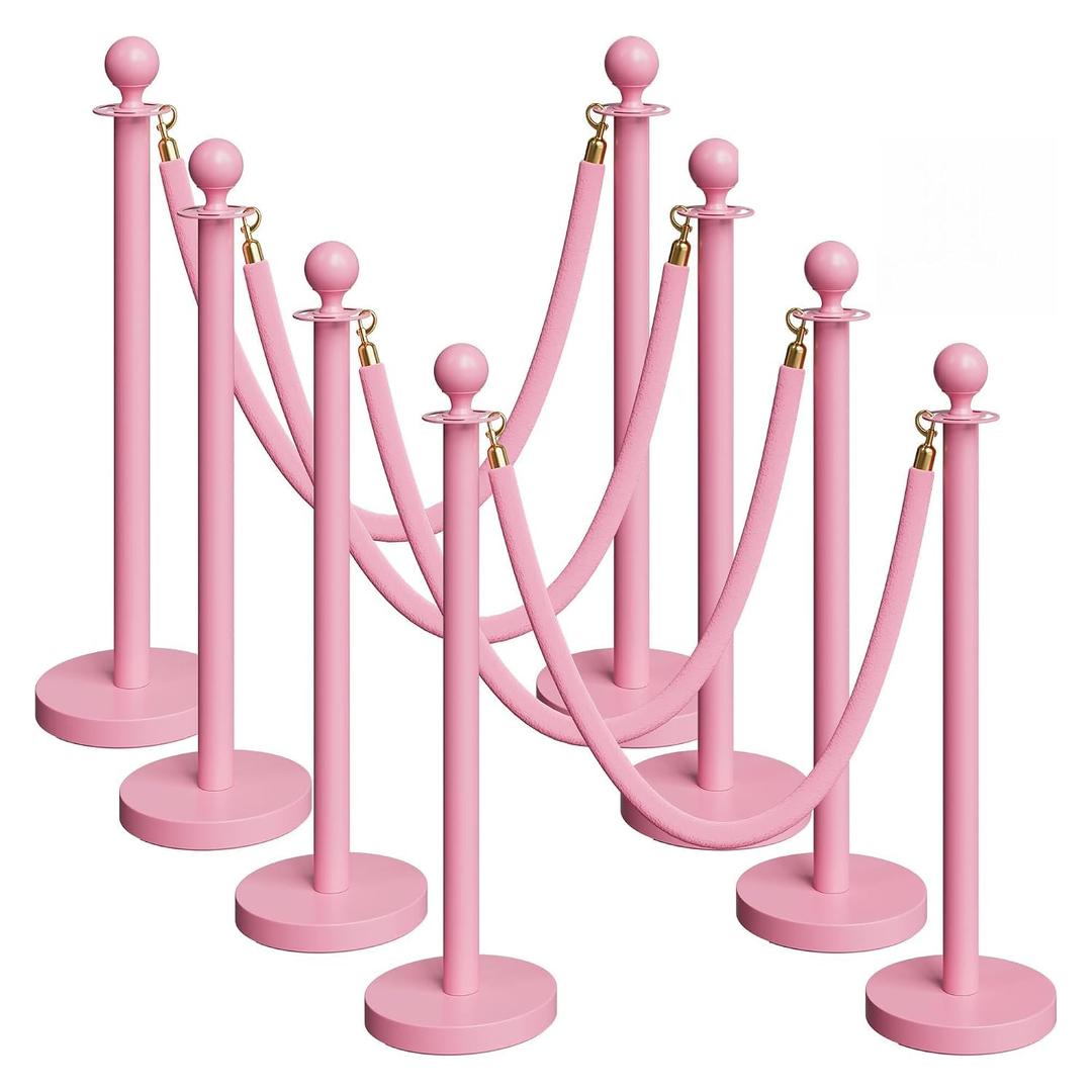 8 Pack Pink Stanchions and Velvet Ropes Set, Stainless Steel Crowd Control Barriers, 4Pcs Pink Ropes and Poles for Party Supplies,Prom,Birthday,Business,Wedding,Baby Shower, Bridal Shower,Anniversary