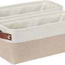 DULLEMELO 2-Pack Bathroom Baskets for Toilet, Small Storage Bins for Organizing Closets, Cabinets, Shelves, Canvas Fabric Storage Basket Bins With Leather Handles for Empty Gift Basket (White&Khaki) (Narrow-15"x6"x5.5")