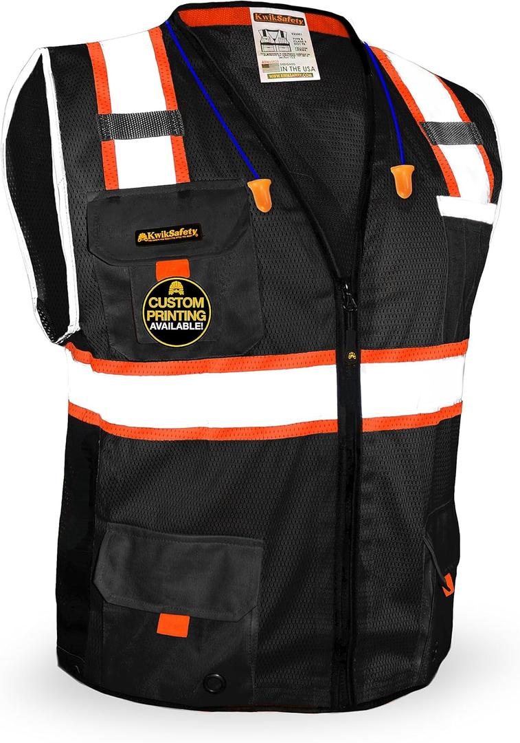KwikSafety - Charlotte, NC - UNDERBOSS Safety Vest [11 POCKETS] Premium ANSI Class Unrated High Visibility Vest Construction Surveyor Reflective Vest Industrial Work Safety Vest for Men/Black Medium (Base Design | Black | 1 Pack)
