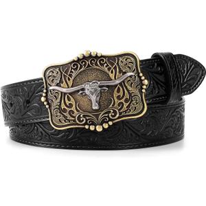 Cowboy Cowgirl Belt Western Belts for Men Women Floral Engraved Longhorn Bull Buckle Belt for Jeans (Black)