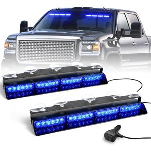 HLauto 6Z4J Emergency Dash Strobe Lights: 2x16.8 inch Blue Safety Lights, 48 LED Flashing Warning Hazard Interior Windshield Visor Traffic Light Bar for Trucks, Construction Vehicles