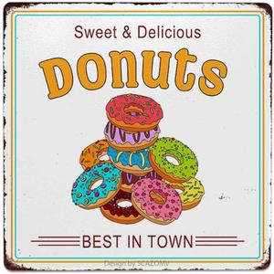 2 x Sweet And Delicious Donuts Sign Decor Iron Poster Painting Tin Sign Vintage Wall Decor For Cafe Bar Pub Home Beer Decoration Crafts (8x8 Inch)