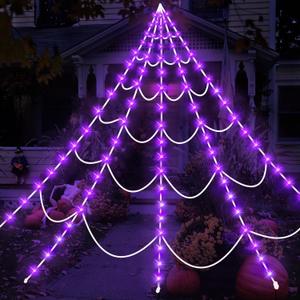 Halloween Spider Web Lights 150 LED Lighted Spider Web Giant 16.4 Ft Halloween Decorations Light up with 8 Lighting Modes Waterproof & Timer for Outdoor Indoor Yard Haunted House Decor, Purple