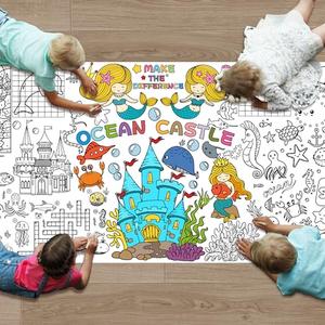 Pack of 2, Mermaid Tablecloth & Giant Coloring Poster 30x72 Inch - Large Coloring Sheets for Kids with Underwater Adventure Games, Mermaid Themed Activities for Birthday, Classroom, Home Party Decor