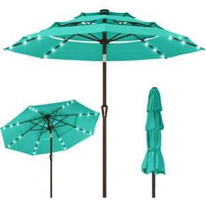 Kingdura 10ft 3-Tier Patio Umbrella with Solar Lights, Table Umbrella Outdoor Patio with Easy Crank & Tilt, 8 Sturdy Ribs, UV Protection, 32 LED Lights for Deck, Poolside, Market (Tiffany blue)