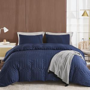 AveLom Navy Blue Duvet Cover King (104 x 90 inches), 3 Pieces (1 Duvet Cover + 2 Pillow Cases), Seersucker Textured Ultra Soft Washed Microfiber, Textured Duvet Cover with Zipper Closure, Corner Ties (King(104''x90''))
