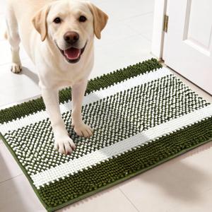 pobopobo Dog Door Mat for Muddy Paws - Absorbent & Washable Chenille Rug, Non-Slip Dirt Trapper for Indoor Outdoor Entryway, Quick Dry Pet Mat for Muddy Dogs (Green&White, 36" x 24")