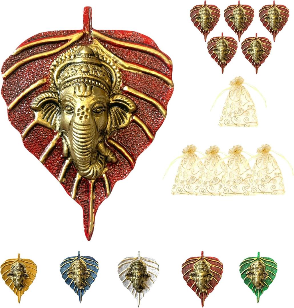 LOVENSPIRE Metal Leaf Ganesha Diwali Decor Wall Hanging for Home & Office Housewarming Return Gift Pooja Favor Ganesha Decorative Wall Hanging Showpiece Pack of 1/2/5/25 Pcs (Red)