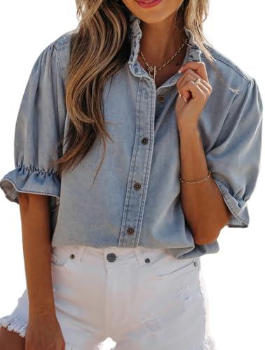 Deer Lady Womens Denim Shirt Bow Tie Front Tops Puff Sleeve Blouses Babydoll Peplum Summer Trendy Crewneck Shirts M