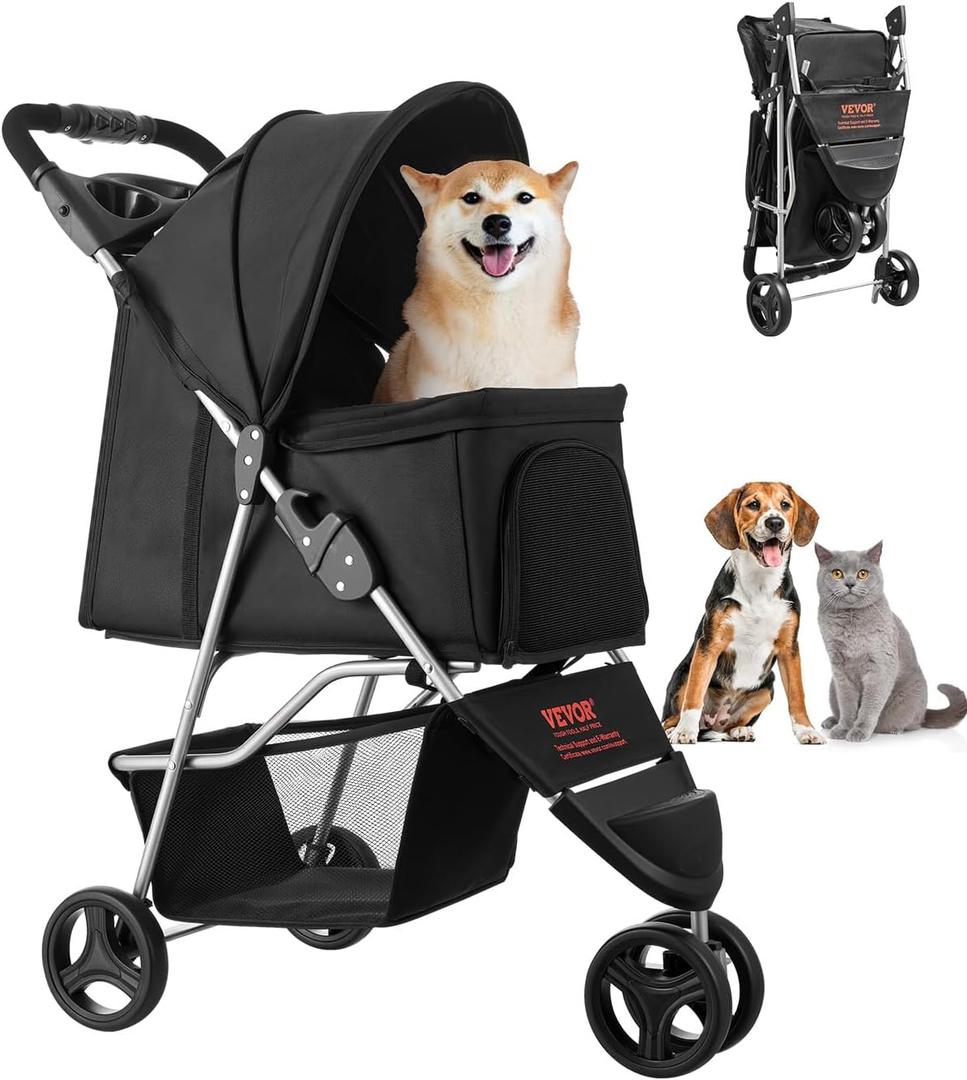 VEVOR Pet Stroller, 35 lbs Weight Capacity, Foldable Dog Cart, 3 Wheels Cats Carts with Mesh Windows and Cup Holders, Portable Pet Carrier Stroller with Brake, for Small to Medium Pets