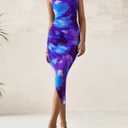 PRETTYGARDEN Women 2025 Summer Mesh Dress Spaghetti Strap Cowl Neck Print Ruched Bodycon Dresses Asymmetrical Long Dress (Blue)