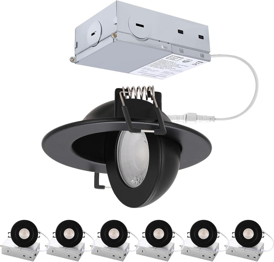 3 inch Black Recessed Lights, 7W Canless Gimbal Soffit Lighting, Canless Lights, 5CCT Dimmable 90Tilt Wafer 3 inch Light, Retrofit Rotatable Eyeball Swivel Spot Downlight 6 Pack Black