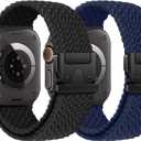 Braided Stretchy Solo Loop Compatible for Apple Watch Ultra 2 Band 49mm 46mm 45mm 44mm 42mm 41mm 40mm 38mm Men Women, Nylon Sport Bands with Parachute Buckle for iWatch Series 11 10 9 8 7 6 SE 5 4 3 (Black/Navy Blue)