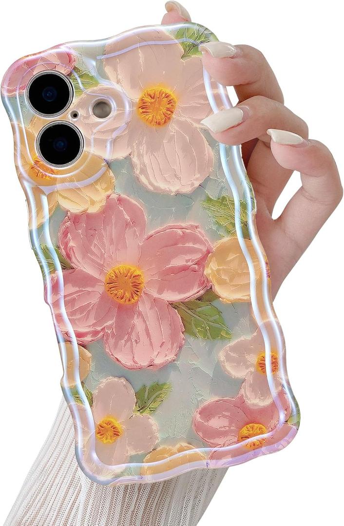 QLTYPRI Case for iPhone 16 Plus, Laser Colorful Retro Oil Painting Flower Pattern Cute Curly Wave Border Exquisite Phone Case for Girls Women, Shockproof TPU Protective Phone Cover, Green