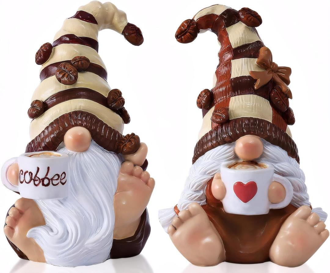 2PCS Coffee Gnomes Figurines Home Decoration Fall Gnomes Coffee Bar Accessories Decor Elfs Statue Cute Resin Housewarming Gifts for Women Tiered Tray Table Ornament, Sit 4.9H