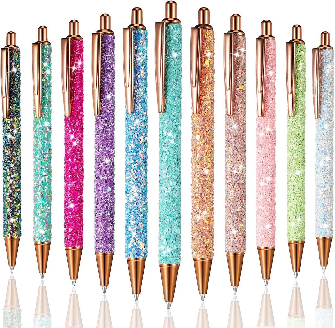 Epakh 11 Pcs Fancy Pens for Women Glitter Sparkly Pretty Metal Retractable Pens Black Ink Medium Point 1.0 mm Cute Christmas Gift for Journaling Women Girls School Office Desk(Sequin Style)