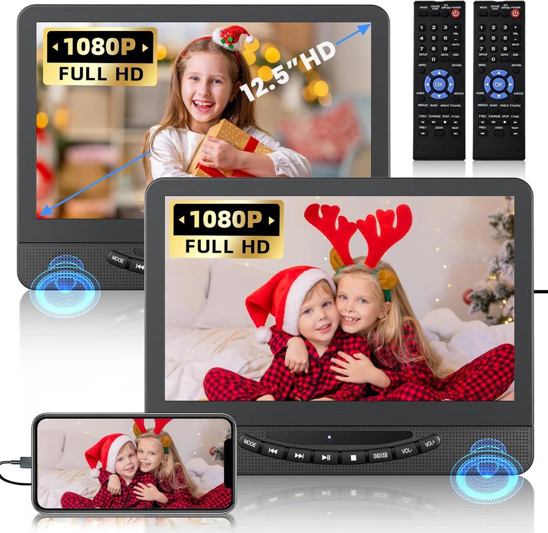 12.5" Dual Portable DVD Player for Car with 1080P HDMI Input, DESOBRY Car DVD Player Dual Screen Play A Same or Two Different Movies, 5 Hours Rechargeable, Support USB, Region Free