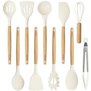 CAROTE Silicone Cooking Utensils Set, Kitchen Utensils Set 7 Pcs for cooking, BPA Free Spatula Set with Heat Resistant Wood Handles for Nonstick Cookware (Cream White)