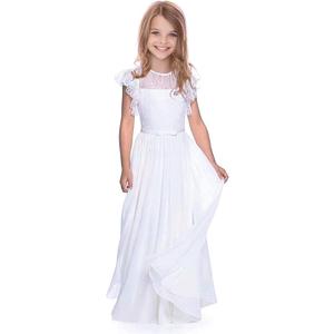 ABAO SISTER Boho Long Lace Chiffon Flutter Sleeves Dress A-Line Communion Bridesmaid Flower Girl Dresses for Girls 2-12 Years (White, M)