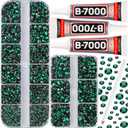 Adhesive Glue for 7500Pcs Green Rhinestones for Crafts Clothing Clothes, Dark Emerald Green Flatback Gems Diamonds for Fabric Football, Half Flat Back Crystals 2mm 3mm 4mm 5mm Mixed (Small Pack + 3pcs Glue)