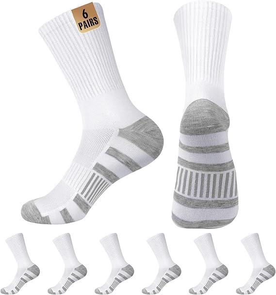 MUQU Mens White Crew Socks - Sports Thin Athletic Breathable Running Long Socks 6 Pairs S | 3-6