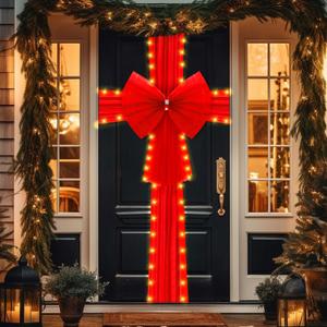 Peryiter LED Christmas Front Door Bow 63 Inch by 12 Yards Christmas Door Ribbon Bow Tulle Fabric with Rhinestone Ribbon Large Glowing Xmas Tree Bowtie Decorations (Red)