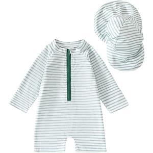 Baby Boys' One Piece Swimsuits Toddler Swimwear with Rash Guard Infant Bathing Suit for Boys Swim Sun Hat Set (US, Age, 6 Months, 12 Months, Green Stripe)
