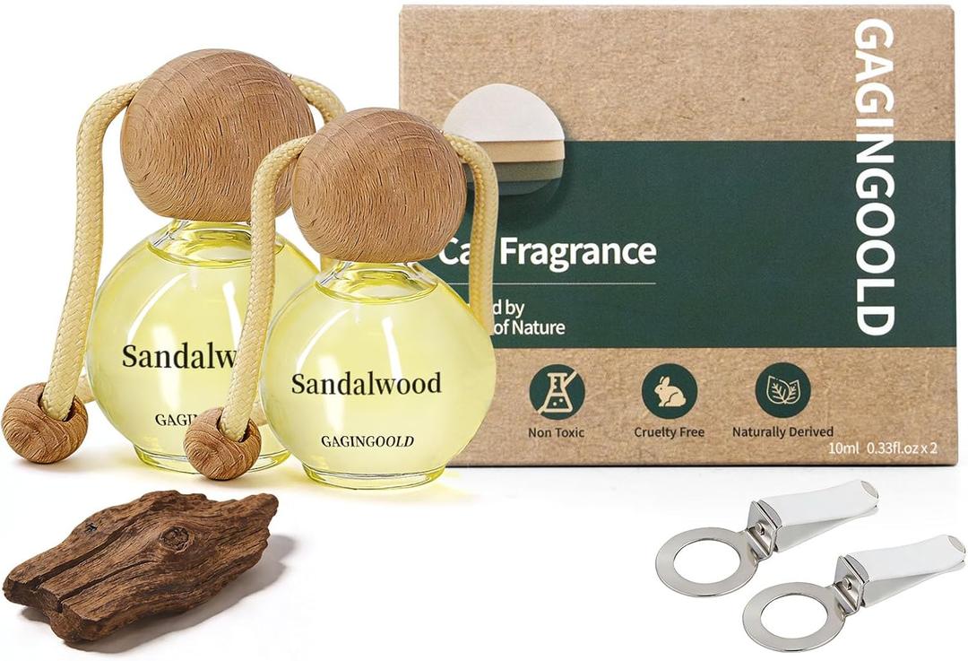 Car Air Freshener Hanging 2 Pack, Sandalwood Scent Essential Oil Diffuser Long Lasting Up to 150 Days, Cute Car Accessories with 2 Vent Clip for Women Men Gift, Odor Eliminator