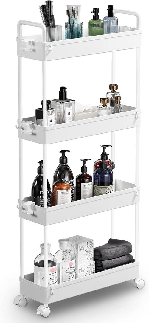 SOLEJAZZ Slim Rolling Storage Cart with Wheels 4 Tier Skinny Bathroom Storage Organizer Narrow Shelf Unit Thin Laundry Room Utility Cart for Bedside Kitchen Office Next to Fridge Small Places, White (4-Tier, 4.76"D)