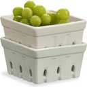 ONEMORE Ceramic Berry Basket, Square Fruit Bowls, Rustic Stoneware Berry Colander Set of 2, 5.7 inch, Gray & Light Green