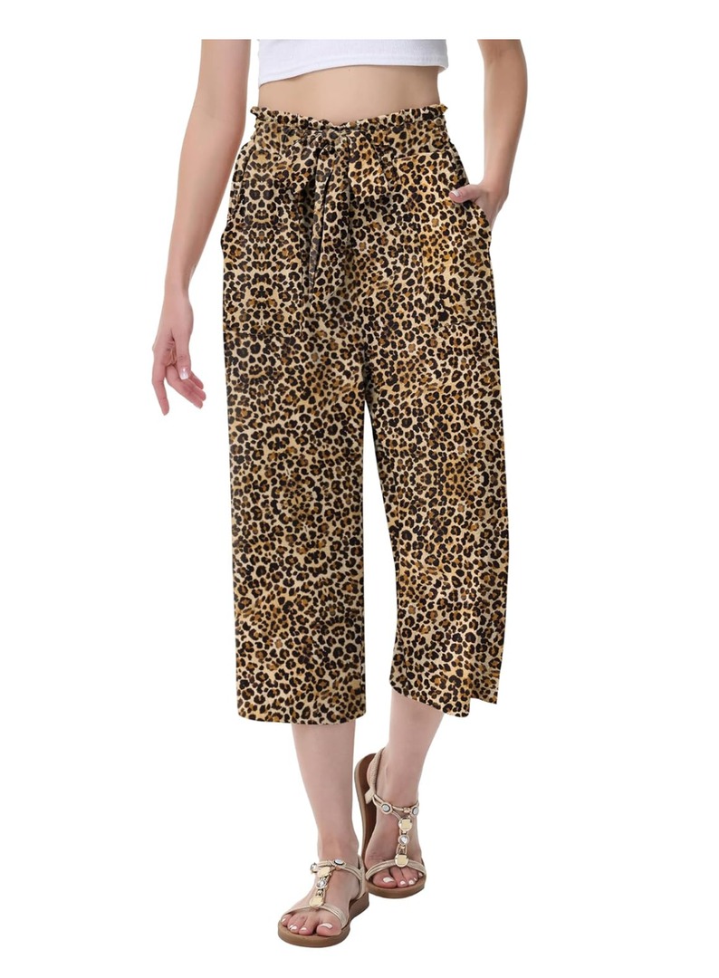Women's Wide Leg Pants Elastic Waist Capris Pants for Women 2025 Summer Business Casual Outfits for Women,  Size L, 83% Rayon, 17% Nylon