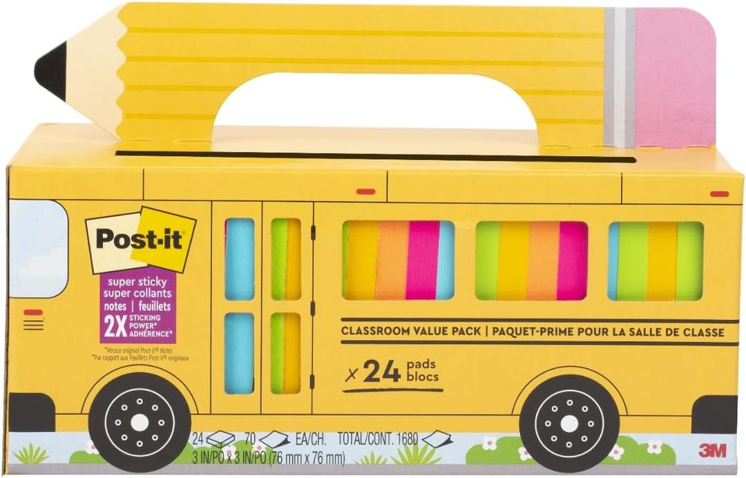 Post-it Super Sticky Notes Value Pack, 24 Pads, Convenient School Bus Carry and Storage Case, 2X The Sticking Power, 3x3 in, Bright Colors (Orange, Pink, Blue, Green, Yellow), Recyclable (654-24SSBUS)