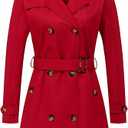 Chrisuno Women's Double Breasted Trench Coats Mid-Length Belted Overcoat Long Dress Jacket with Detachable Hood, Red, Size: 2XL