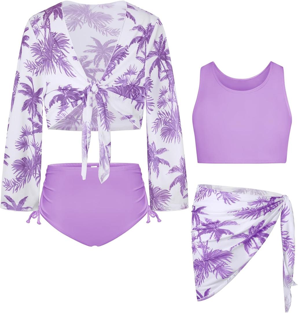 GRACE KARIN Girls Bathing Suit Adjustable Taniki Swimsuit Tie Front 4 Piece Bikini Set with Kimono Cover Up  (8-10 Years, Light Pink New)