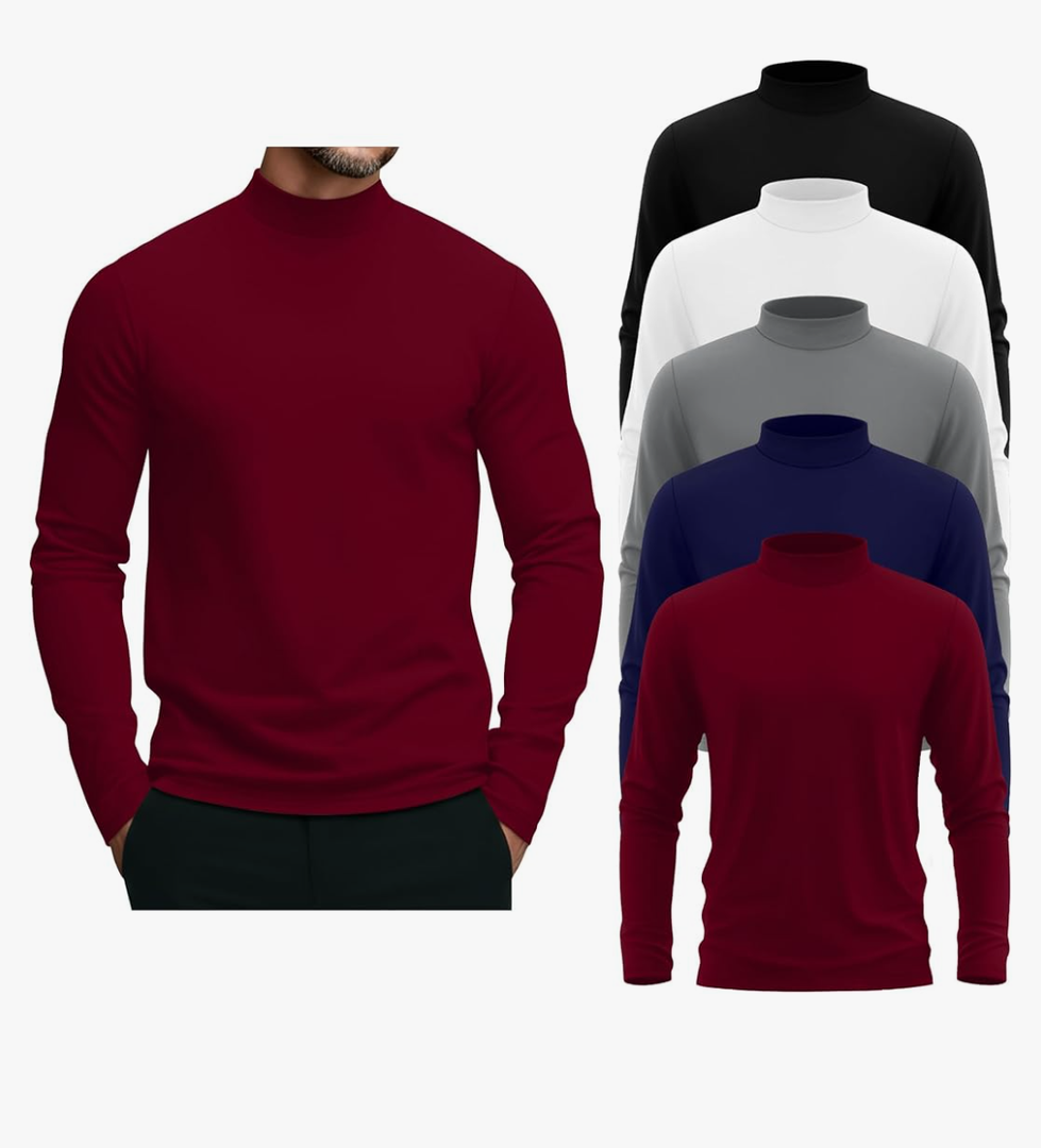 August Alley 4Pack Men's Mock Turtleneck Shirts, Long Sleeve Tops Pullover Basic Casual Slim Fit Lightweight T-Shirts Pack XS