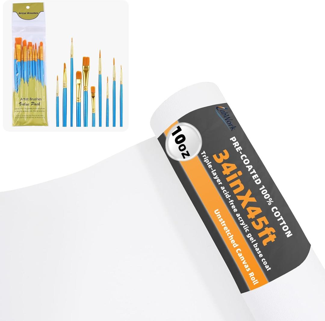34 in × 45 ft Canvas Roll for Painting with Acrylic Paint Brush Set, 10 oz Cotton Primed Canvas Roll, Triple Gesso Primed, Painting for Oil & Acrylic, Hobby Artist
