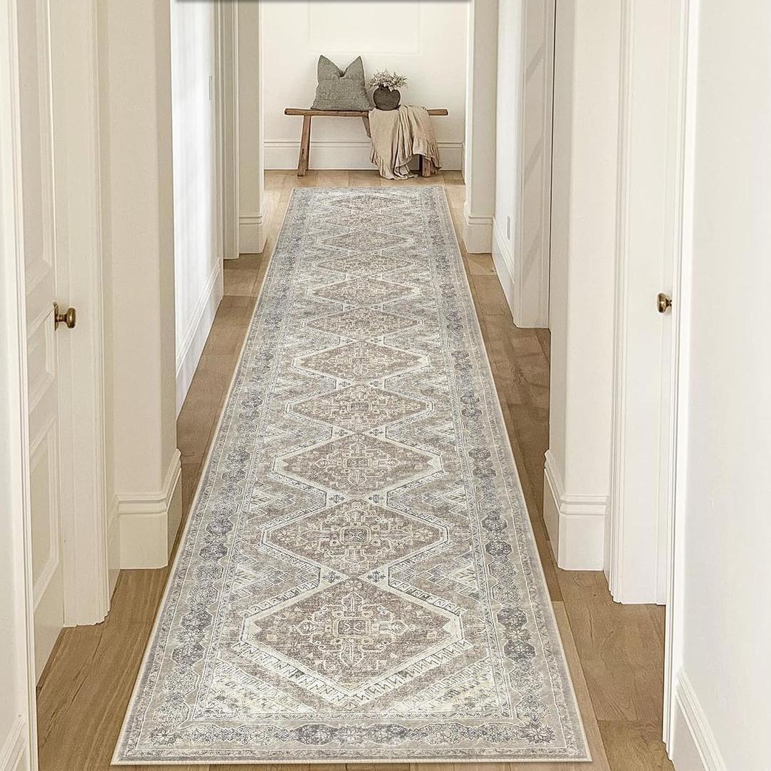KUTA Ivory Grey Washable Runner Rug 2.6x16, Non-Slip 16ft Extra Long Hallway Kitchen Rugs, Soft Printed Distressed Oriental Medallion 16ft Stair Runners Indoor for Bedroom Entryway (2'7" x 16' (Runner))