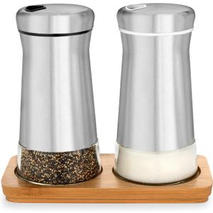 Salt and Pepper Shakers set with Adjustable Pour Holes - Elegant Stainless Steel Spice Dispenser - Perfect for Himalayan, Table Salt, White and Black Pepper (Salt & Pepper Shakers Set + Bamboo Stand)