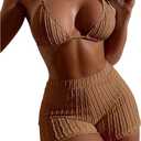 COZYEASE Women's 2 Piece Swimsuits Halter Triangle Top with High Waisted Shorts Bathing Suits Bikini Sets (Medium, Brown)